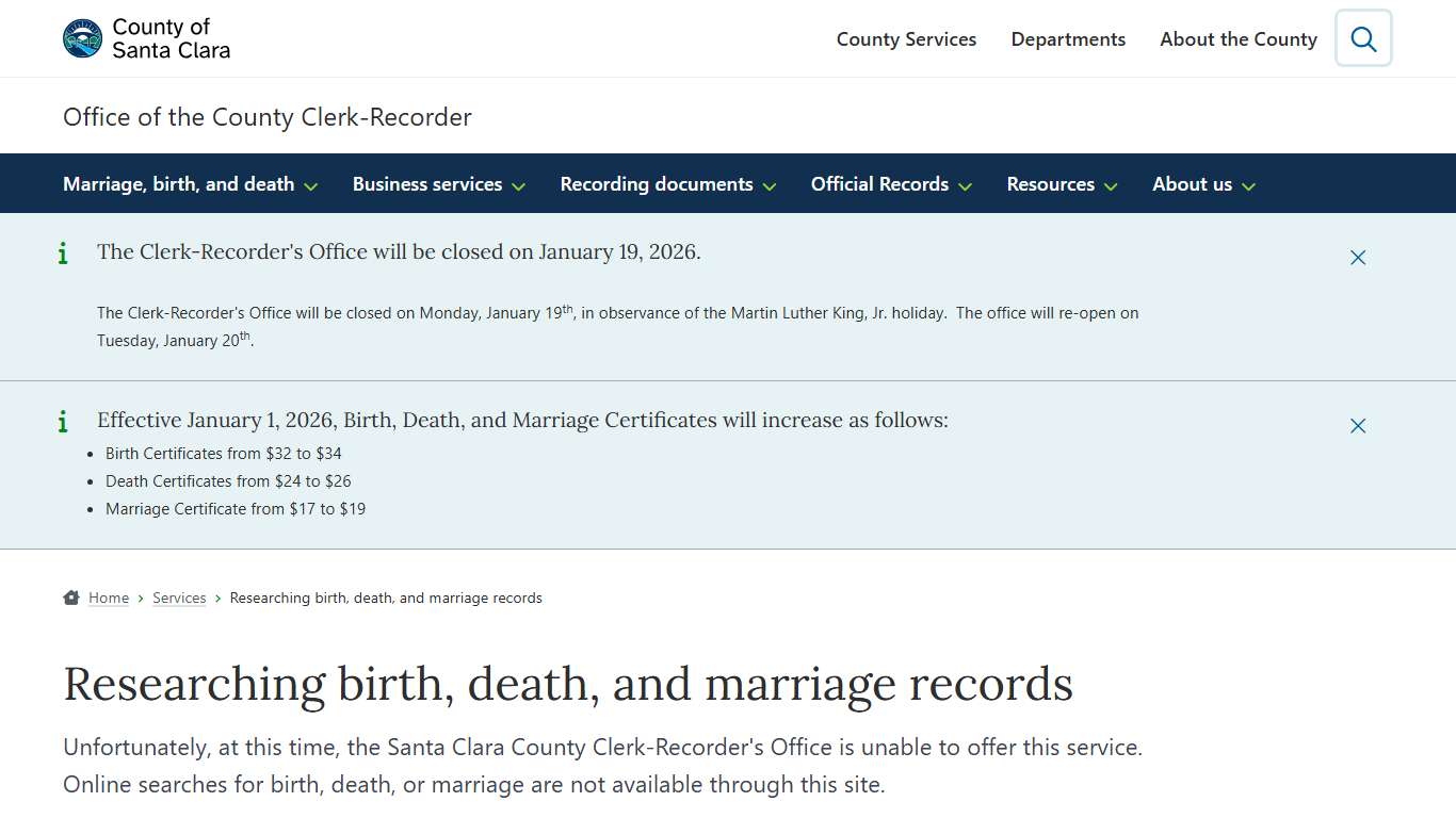 Researching birth, death, and marriage records | Office of the County Clerk-Recorder | County of Santa Clara